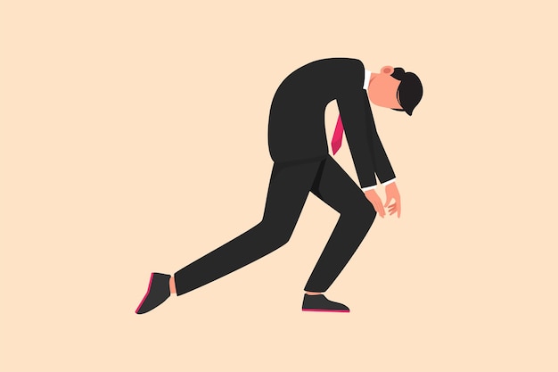 Business design drawing sad depressed businessman bowed down Man feeling lonely and having mental pressure or stress Bankruptcy on economic recession failure Flat cartoon style vector illustration