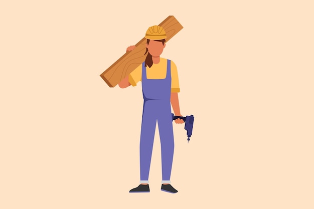 Business design drawing timber frame house construction worker Repairwoman standing with board tool box drill Building construction repair work services Flat cartoon style vector illustration