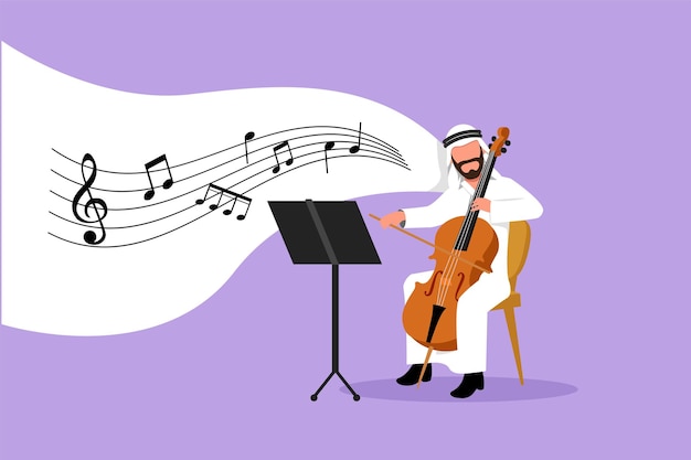 Business design drawing young Arabian male performer playing on contrabass Cellist man playing cello musician playing classical music instrument Flat cartoon character style vector illustration