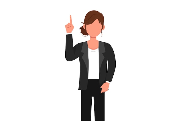 Business design drawing young businesswoman pointing up fingers symbol Female manager finger index up gesture or ideation Emotion body language Flat cartoon style draw graphic vector illustration