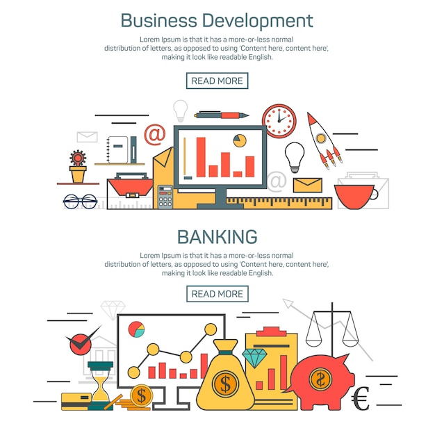 Business development and banking banner template in linear style design. Finance template and graphic layout.