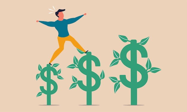 Business dollar bonus to people budget A man walks on a dollar sprout vector illustration concept