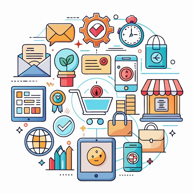 Vector business and ecommerce illustration with icons and symbols