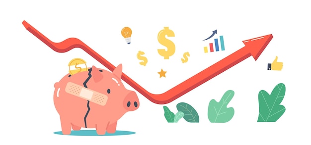 Business Economic Recovery Concept. Rising Arrow Graph, Patch on Broken Piggy Bank. Light Bulb, Dollar Sign and Column Chart. Survival during Global Crisis. Cartoon Vector Illustration