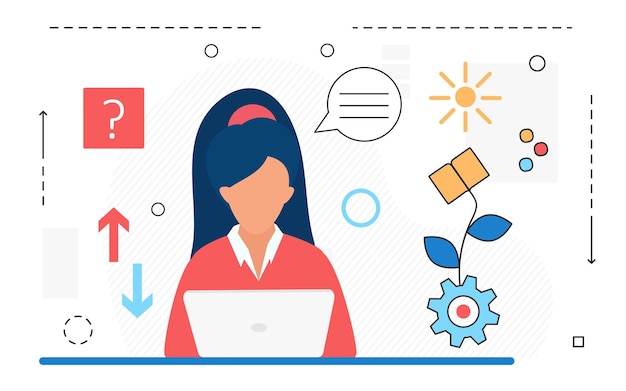 Business education woman character with laptop and learning line icons isolated