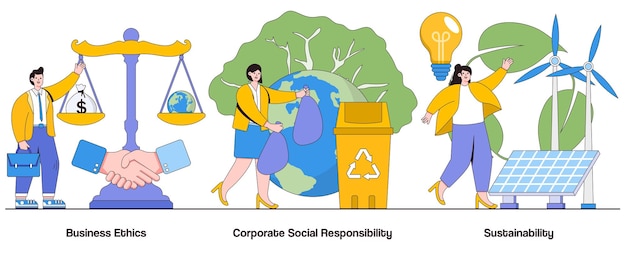 Vector business ethics corporate social responsibility sustainability concept with character ethical business practices abstract vector illustration set environmental stewardship social impact metaphor