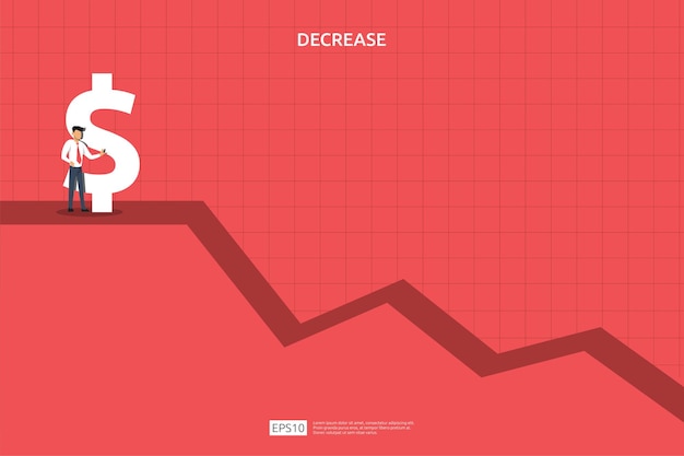 Business finance crisis concept. money fall down symbol. arrow decrease economy stretching rising drop. lost crisis bankrupt declining. cost reduction. loss of income. vector illustration.