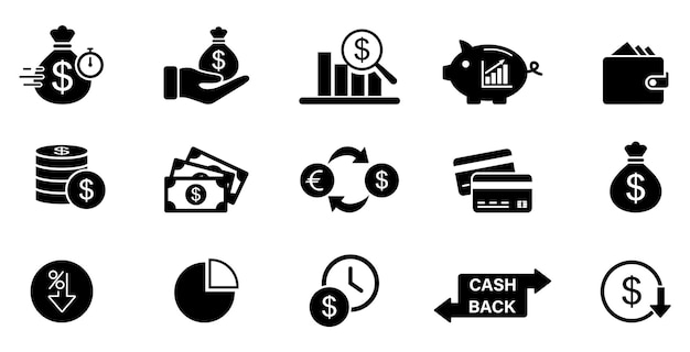 Business and Finance icons. Money sign. Bank card illustration. Dollar collection. Financial management flat icons, vector flat design