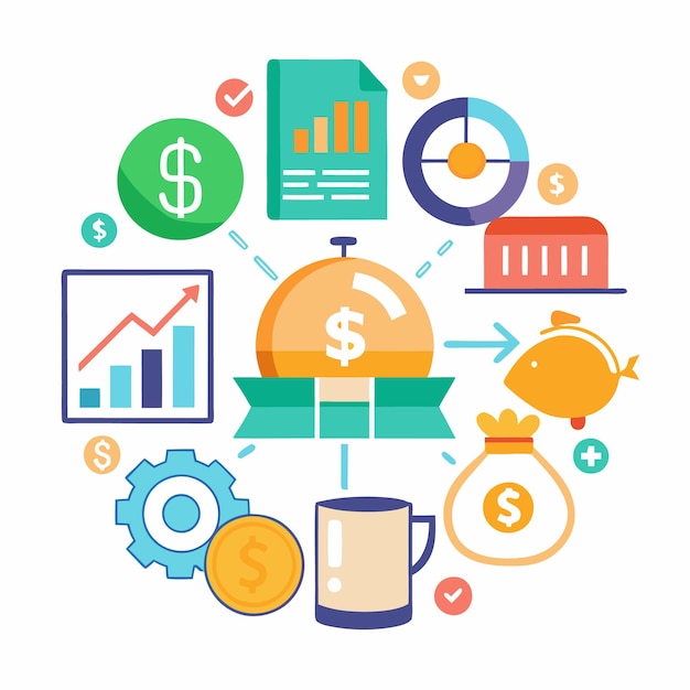 Business and finance icons with money graphs and more