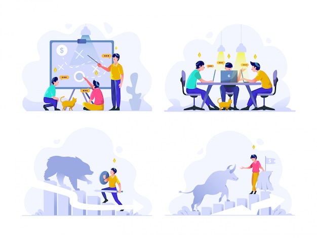 Business and finance Illustration flat gradient design style, strategic planning, discussion of meeting, bear market, bull trend