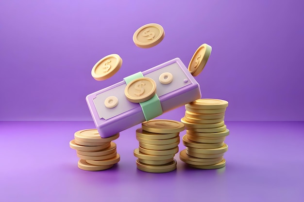 Business Financial Success or Wealth and Riches Concept Stack of Golden Coins with Heap of Dollar