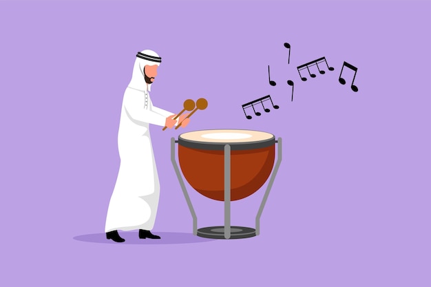 Business flat cartoon drawing Arabian male percussion player play on timpani Man performer holding stick and playing musical instrument Musical instrument timpani Graphic design vector illustration