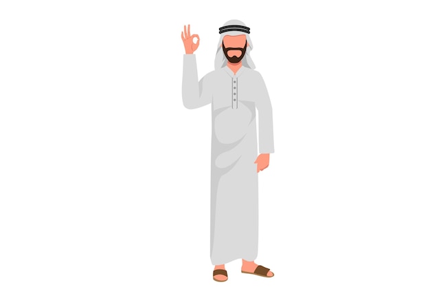 Business flat cartoon style drawing of Arab businessman showing OK sign with hand Satisfied male manager gesturing all right okay with finger approving something Graphic design vector illustration