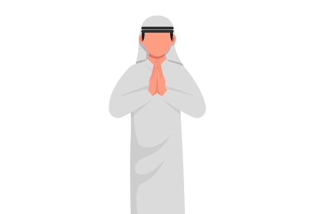 Business flat cartoon style drawing Arabian businessman in closed eye praying hands together Person holding palms in prayer Human emotions body language gesture Graphic design vector illustration