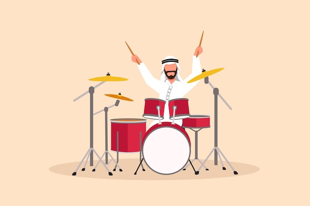 Business flat cartoon style drawing Arabian male musician jazz rock and roll playing drum instrument percussion Music pop festival wedding party performance Graphic design vector illustration