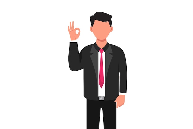 Business flat cartoon style drawing businessman showing OK sign with hands Happy satisfied male manager gesturing all right okay with fingers approving something Graphic design vector illustration