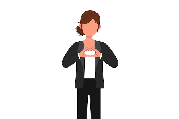 Business flat cartoon style drawing businesswoman making or gesturing heart symbols with fingers in front of chest Modern female lifestyle healthcare love shape Graphic design vector illustration