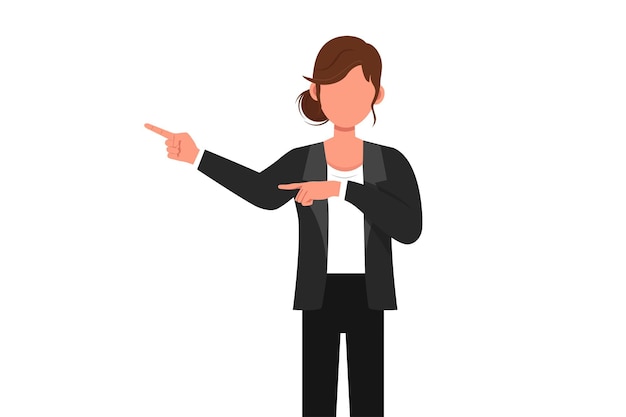 Business flat cartoon style drawing businesswoman pointing away hands together showing presenting something while standing and smiling Emotion and body language Graphic design vector illustration