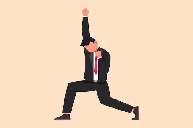 Business flat cartoon style drawing happy businessman standing with raise one hand and the other hand pose yes Office worker celebrate success of company project Graphic design vector illustration