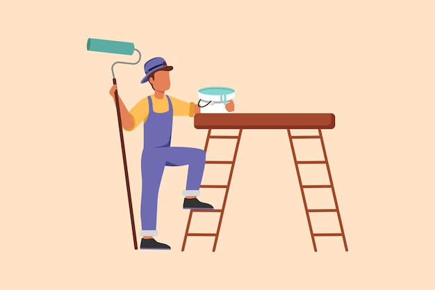 Business flat cartoon style drawing repairman painter in overalls standing with painting roller brush bucket ladder Room painter Handyman Construction worker Graphic design vector illustration