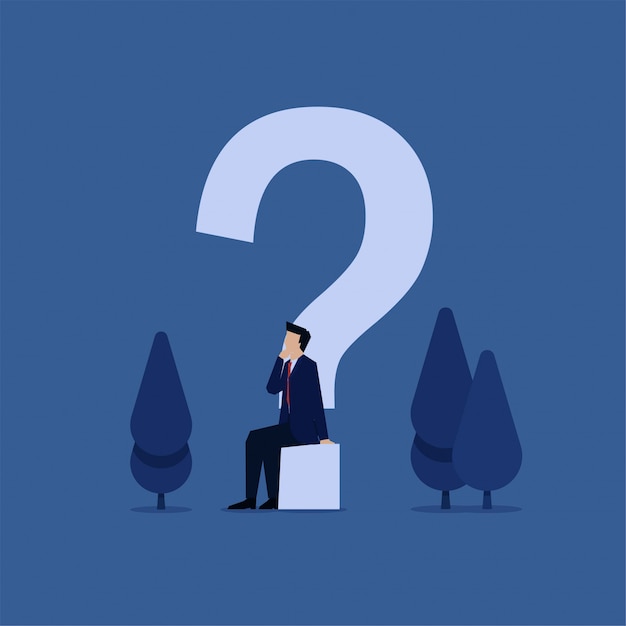 Business flat concept businessman sit below question mark metaphor of creative thinking.