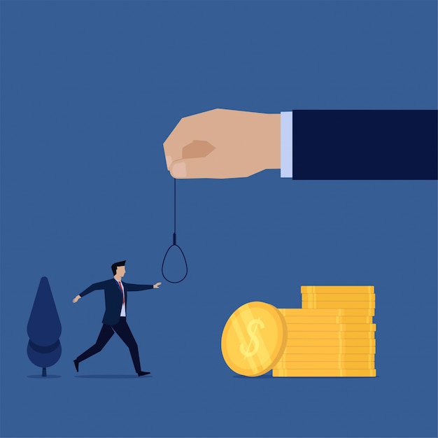 Business flat  concept man walk on to money and hand hold rope metaphor of trap.