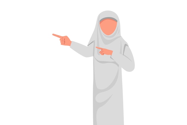 Business flat drawing Arab businesswoman pointing away hands together and showing or presenting something Arabian female manager present financial report at office Cartoon design vector illustration