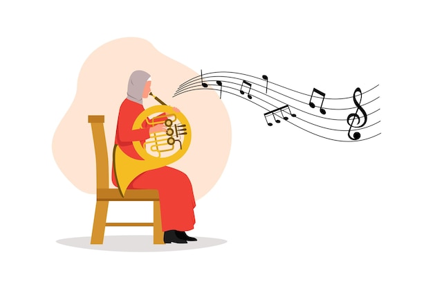 Business flat drawing Arab female musician performing classic melody on French horn Instrumentalist playing music on brass instrument Woman with trumpet Cartoon character design vector illustration