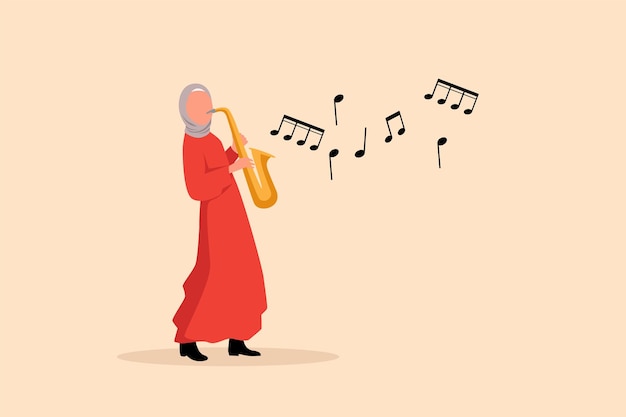 Business flat drawing Arabian saxophonist character Jazz or blues musician woman plays saxophone Female performer in festival jazz music jazz band performance Cartoon design vector illustration