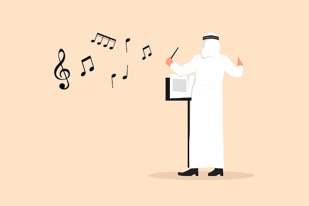 Business flat drawing back view of Arabian man conductor standing and performing on stage Male musician directing classic instrumental symphony orchestra Cartoon character design vector illustration