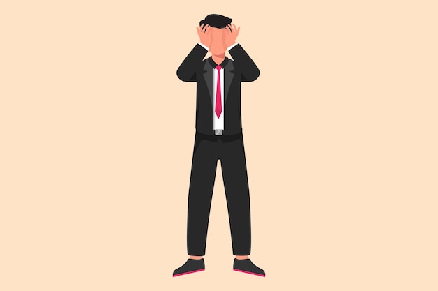 Business flat drawing depressed businessman standing and holding head feeling headache Depression disorder sorrow disappointment Stress due to economic crisis Cartoon design vector illustration