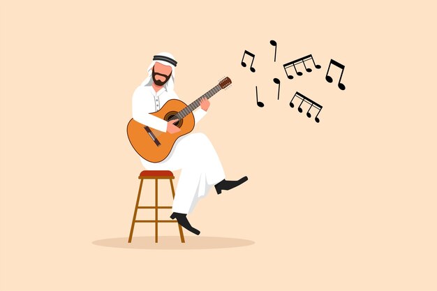 Vector business flat drawing young arab man character sitting and playing acoustic guitar arabian male playing strings at musical performance professional musician cartoon draw design vector illustration