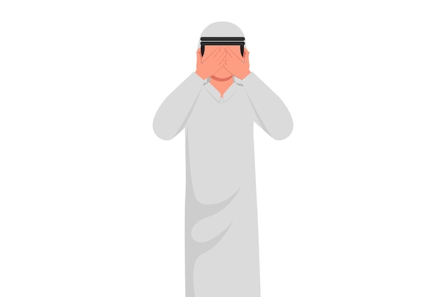 Business flat drawing of young Arabian businessman close his eyes with his hands because of disgust and reluctance to see something fear or sadness Hand gesture Cartoon design vector illustration