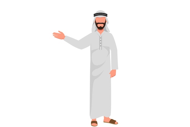 Business flat drawing young Arabian businessman points with his hand to present something Confident male manager presentation demonstrating introducing something Cartoon design vector illustration