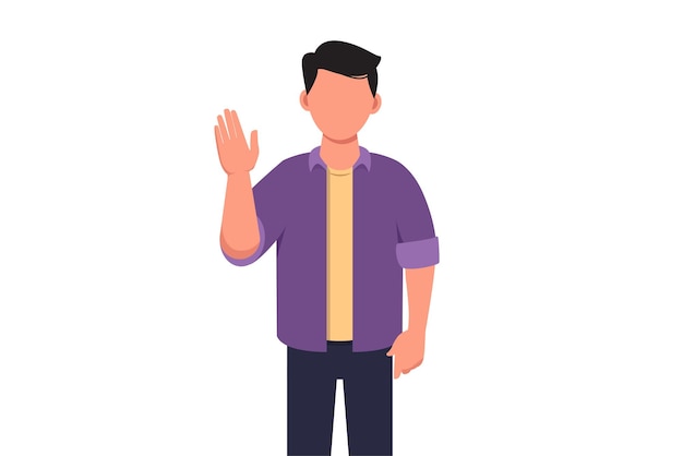 Business flat drawing young businessman showing palm as stop sign stay hold or rejection gesture Male manager gesturing emotions and body language concept Cartoon draw graphic vector illustration