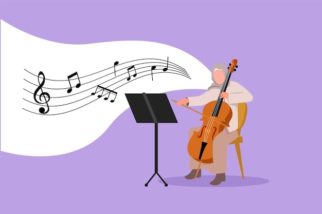 Business flat drawing young talented Arab female performer playing on contrabass Cellist woman playing cello musician playing classical music instrument Cartoon character design vector illustration