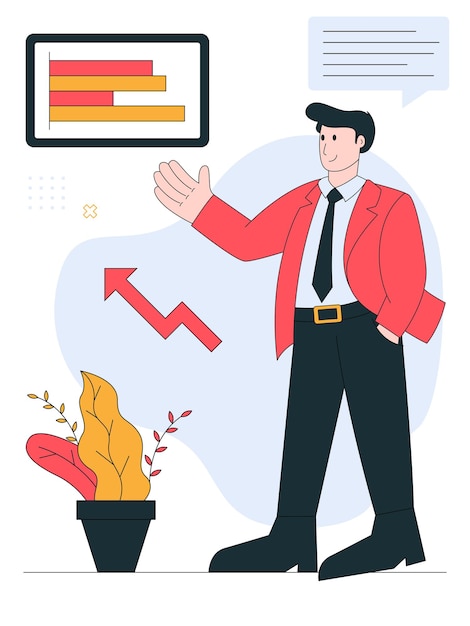 Business flat illustration is presenting a marketing plan with red yellow and blue color