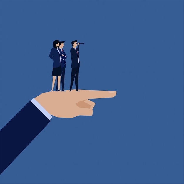 Business flat vector concept hand point forward and manager looking with binoculars metaphor of vision.