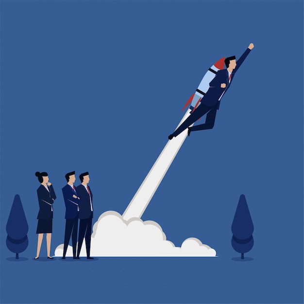 Business flat vector concept man fly with rocket on back metaphor of fast growth.