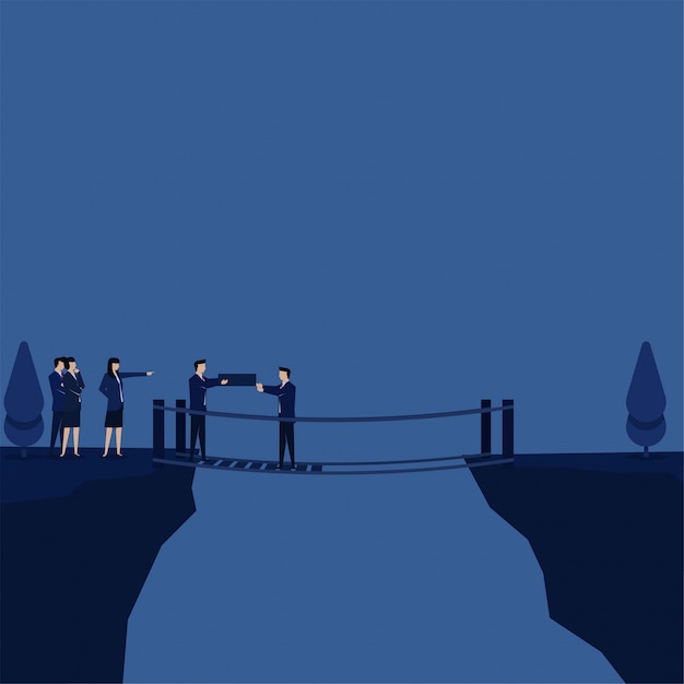 Business flat vector concept team fix the bridge together metaphor of teamwork.