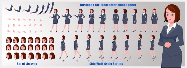 business girl Character model sheet with walk cycle animations and lip syncing