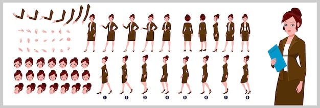 Business girl Character model sheet with walk cycle animations and lip syncing