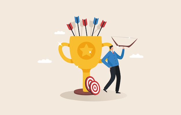 Business goal achievement Success according to the business plan Prizes for the winners risk management or practicing and skill Businessman with an archer standing next to a trophy