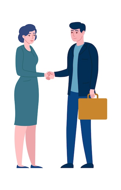 Vector business greeting people. office employees man and woman greet with gestures, corporate colleagues in suits shake hands on meeting. successful character in teamwork, vector isolated illustration