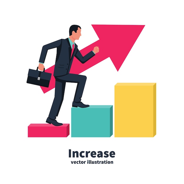 Business growing Businessman walking on stair Graph to success Man goes up step by step Vector illustration flat design Isolated on white background Man in a suit with a suitcase