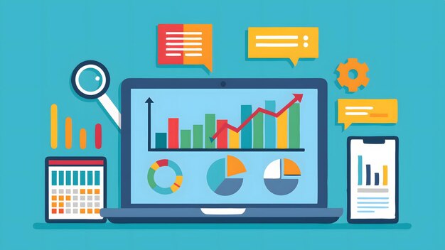 Vector business growth analytics and data visualization displayed on laptop