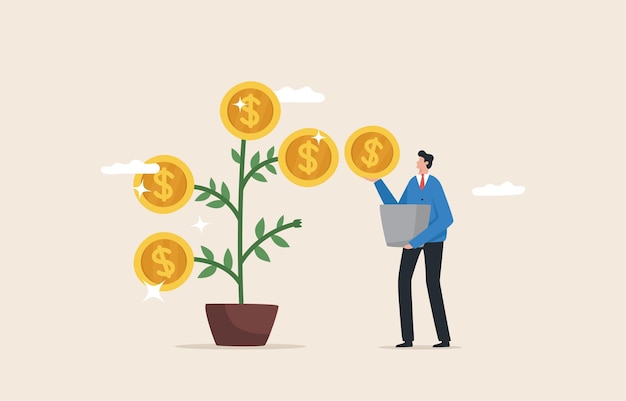 Business growth Profit from long term investment Creating sustainability for the business wealth management Businessman picking cash from a money tree