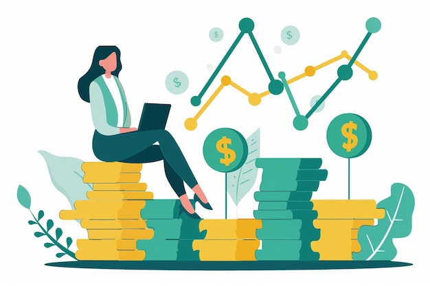 Vector business growth woman sitting money