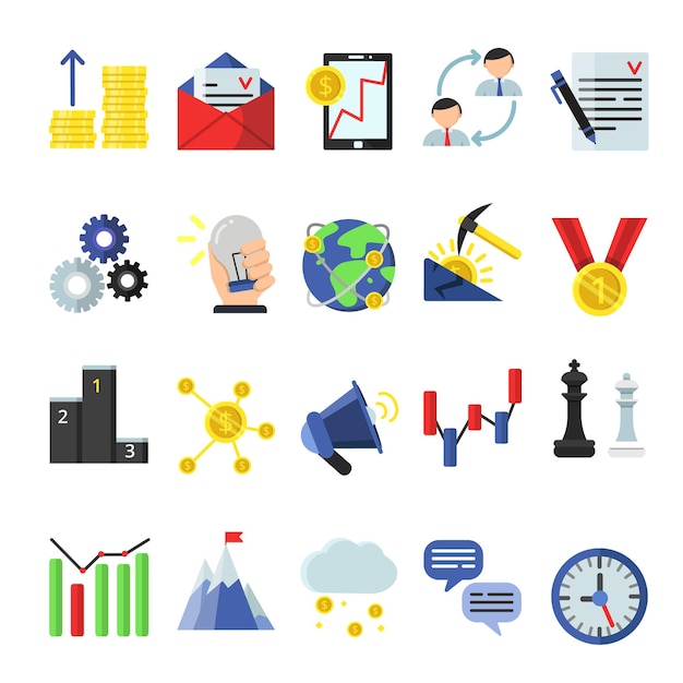 Business icon set in flat style.  business symbol and icon, money and idea, target and reward illustration