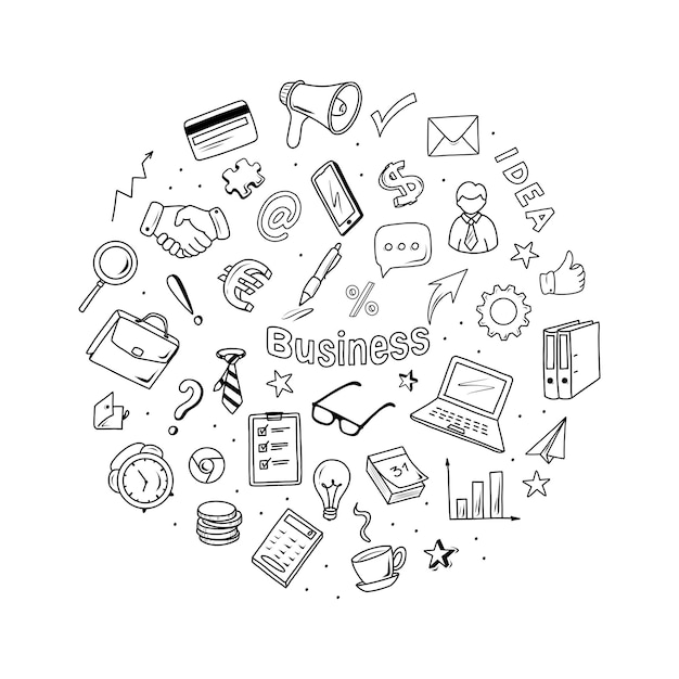 Business icons doodle set. Vector hand drawn black and white elements.